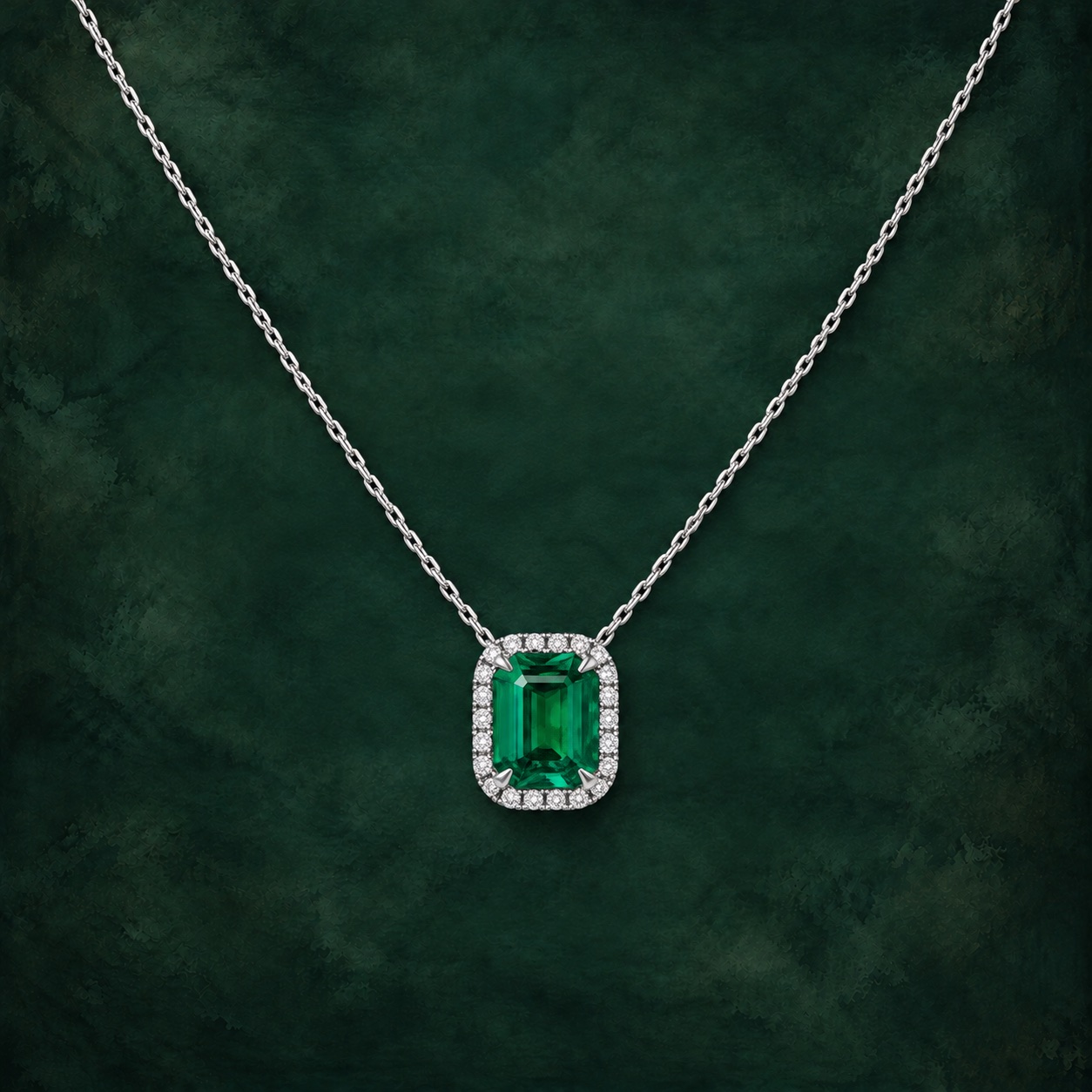 Rectangular Emerald Halo Pendant — Jewellery detail