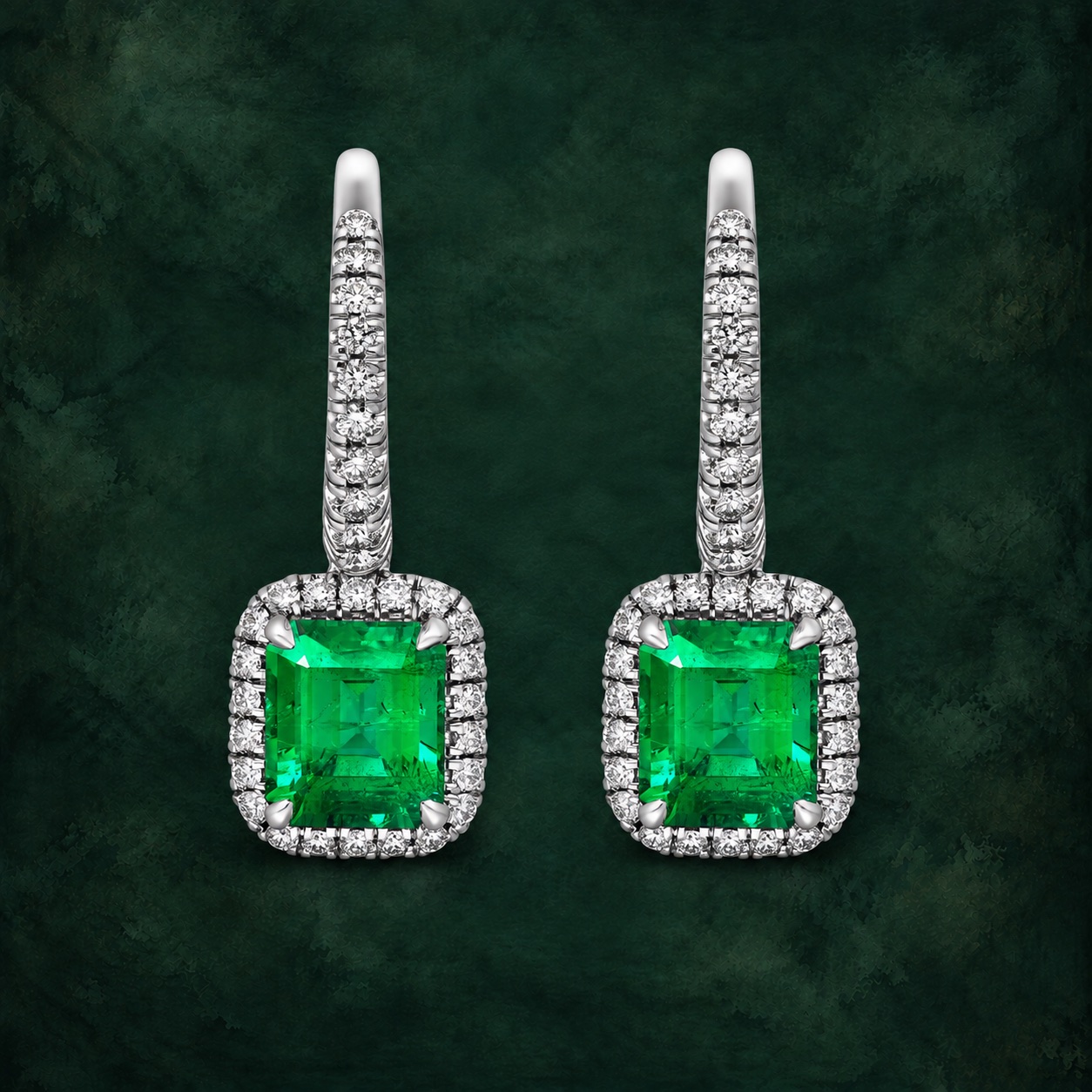 Rectangular Emerald Halo Drops — Jewellery detail