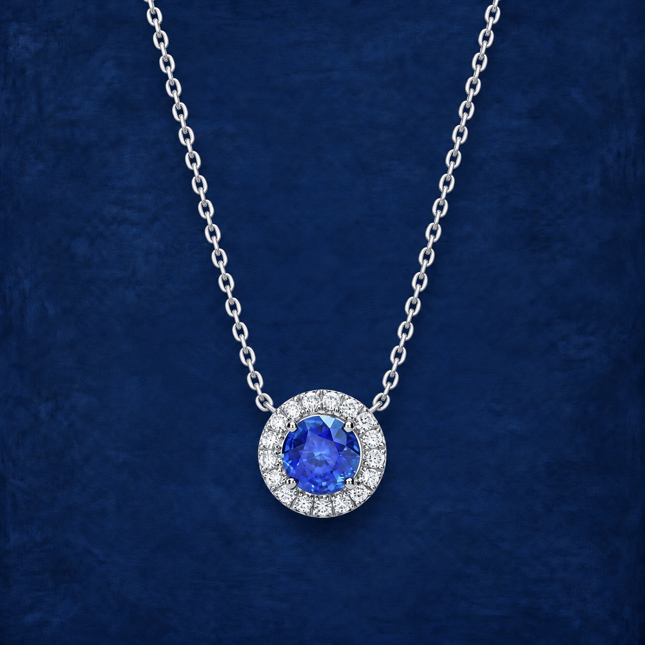 Round Sapphire Halo Pendant — Jewellery detail