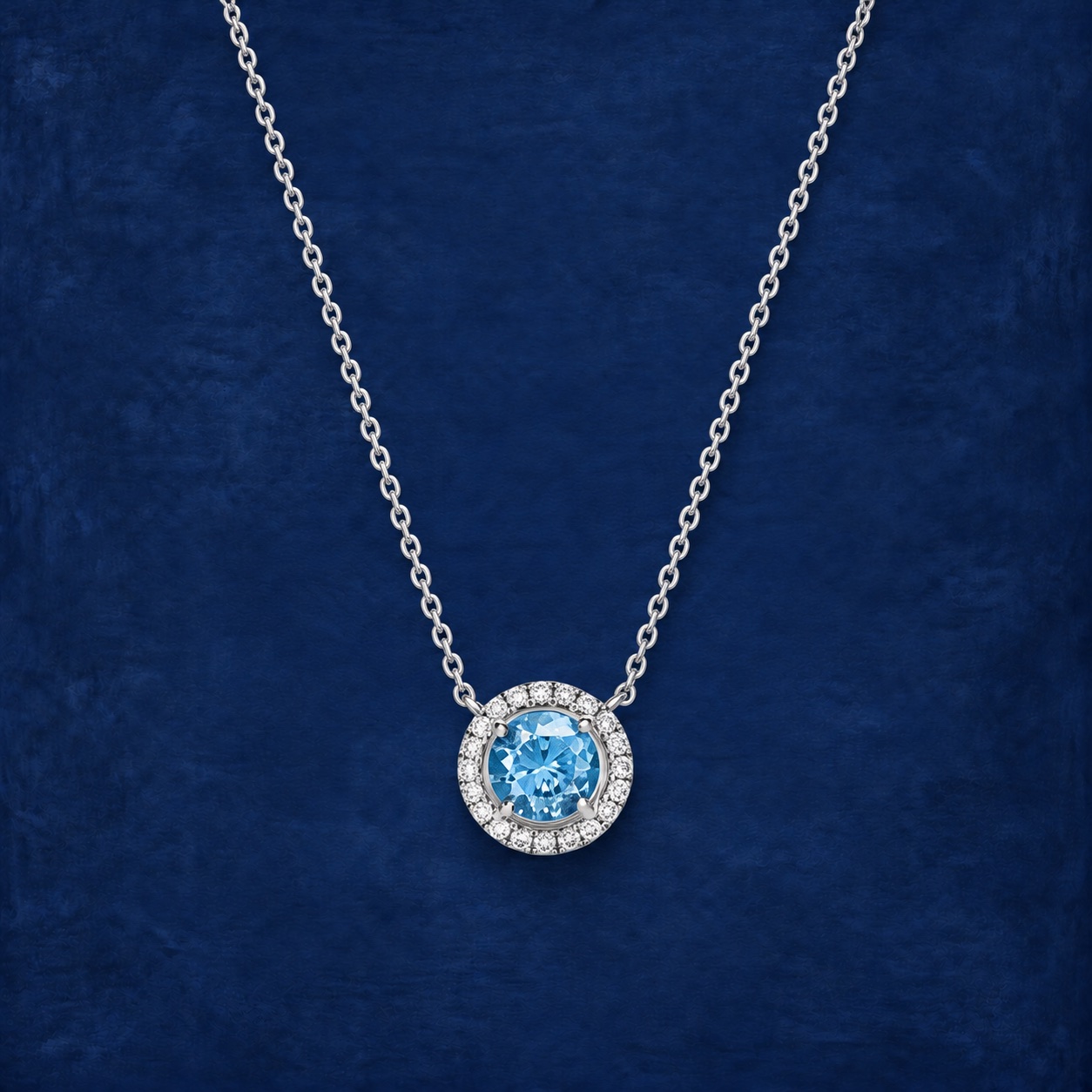 Round Aquamarine Halo Pendant — Jewellery detail