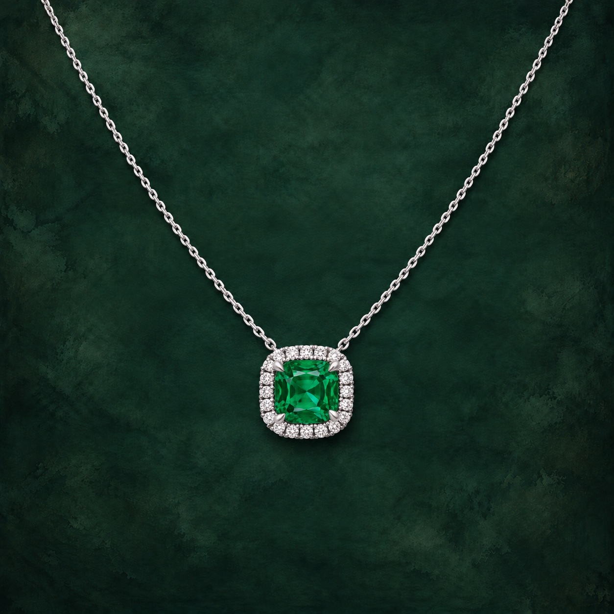 Cushion Emerald Halo Pendant — Jewellery detail