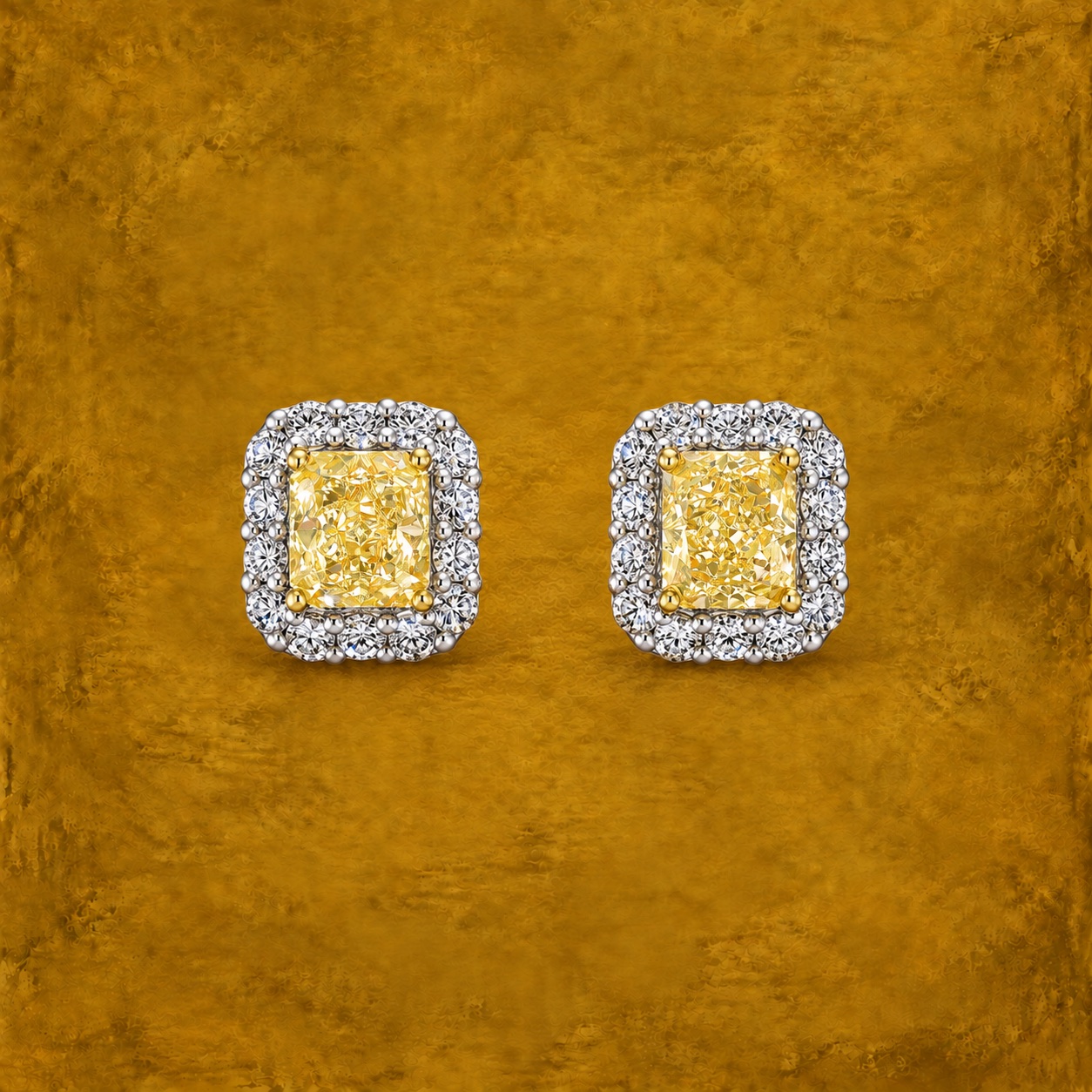 Radiant Yellow Diamond Halo Studs — Jewellery detail