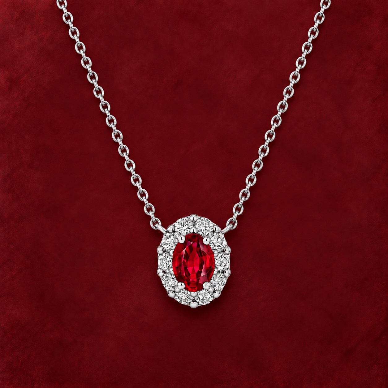 Oval Ruby Halo Pendant — Jewellery detail