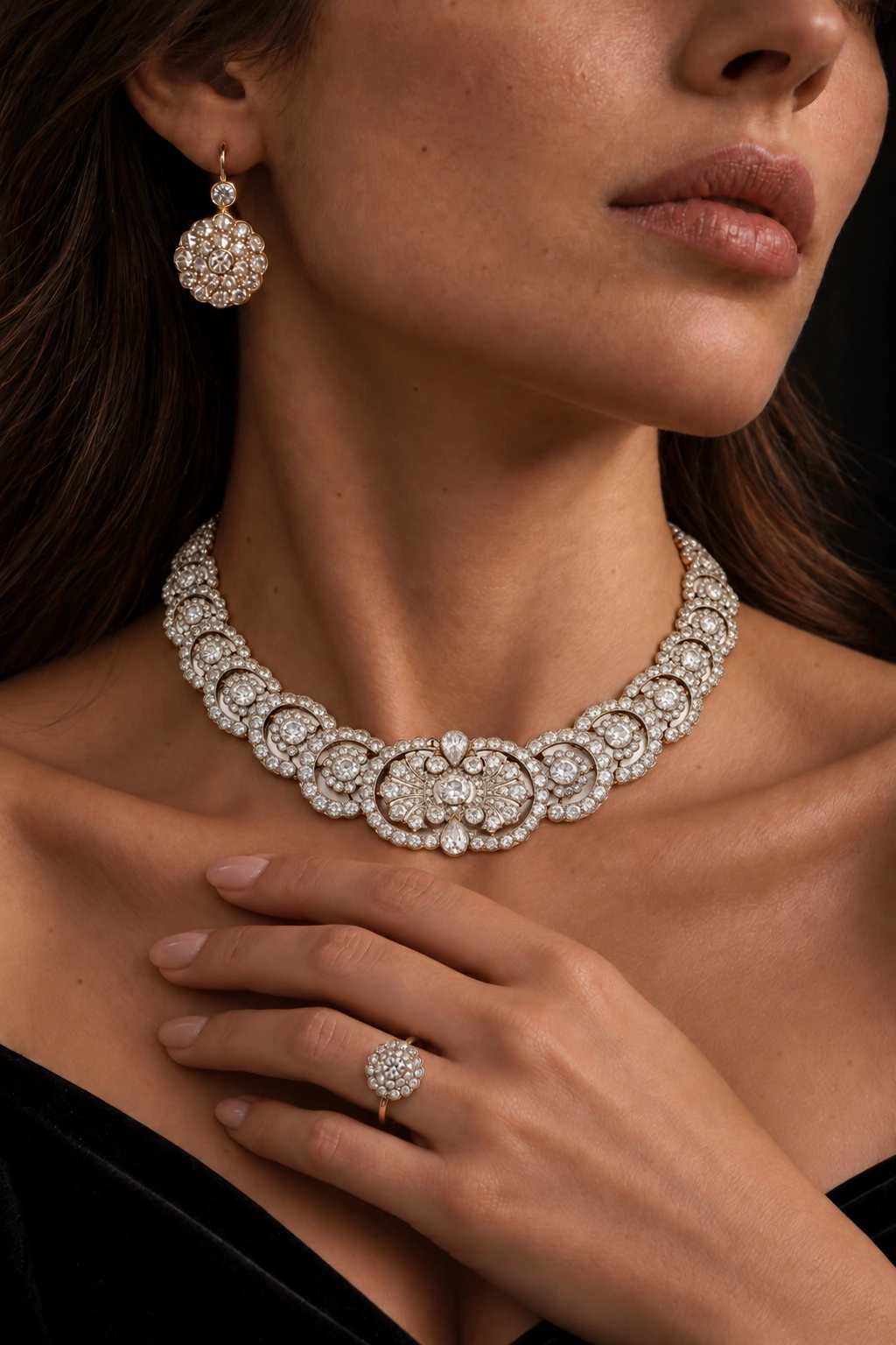 Edwardian Floral Cluster Suite — model wearing the design