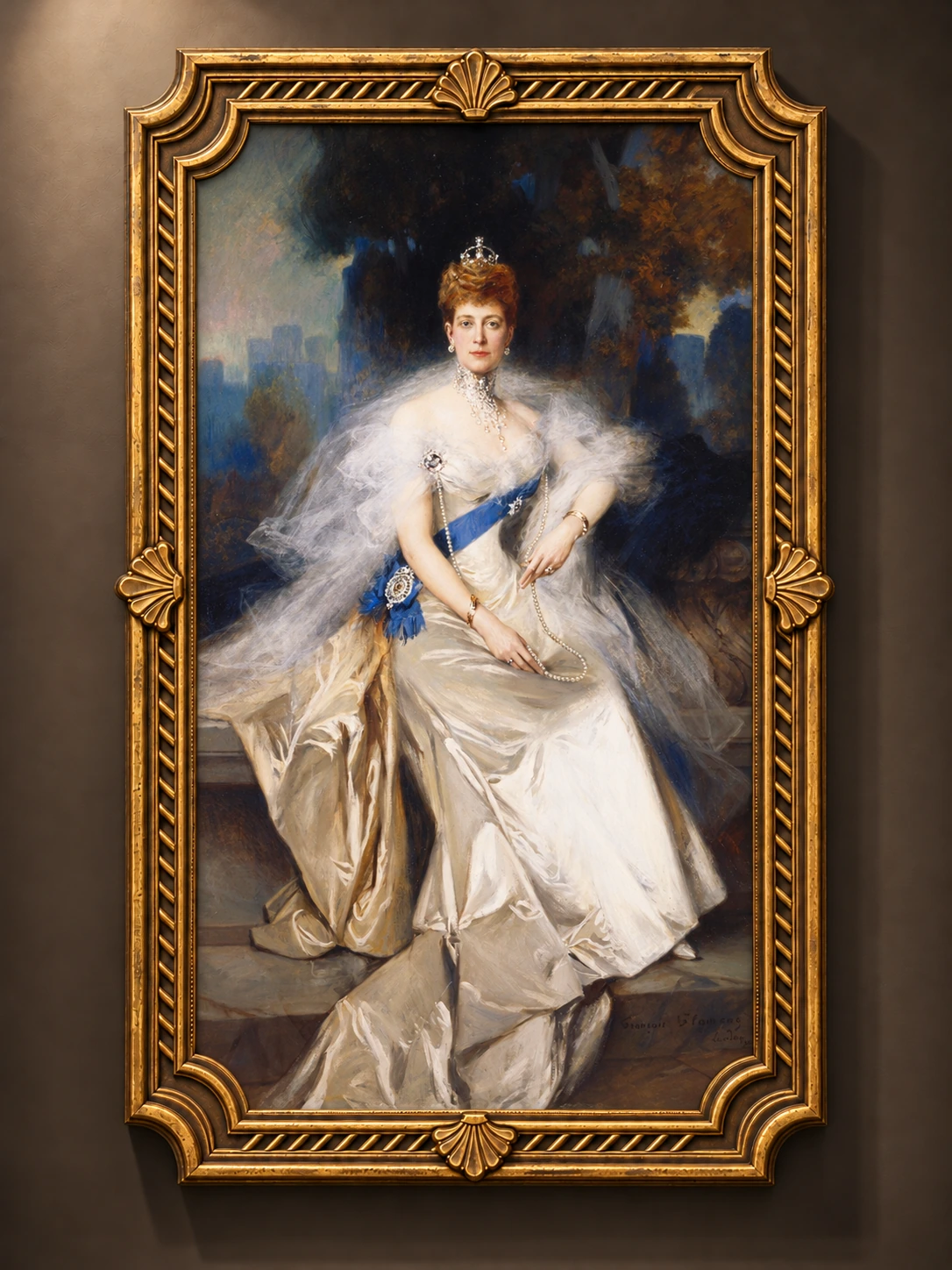 Edwardian Floral Cluster Suite — François Flameng · Queen Alexandra · 1908 in an antique gold shell frame