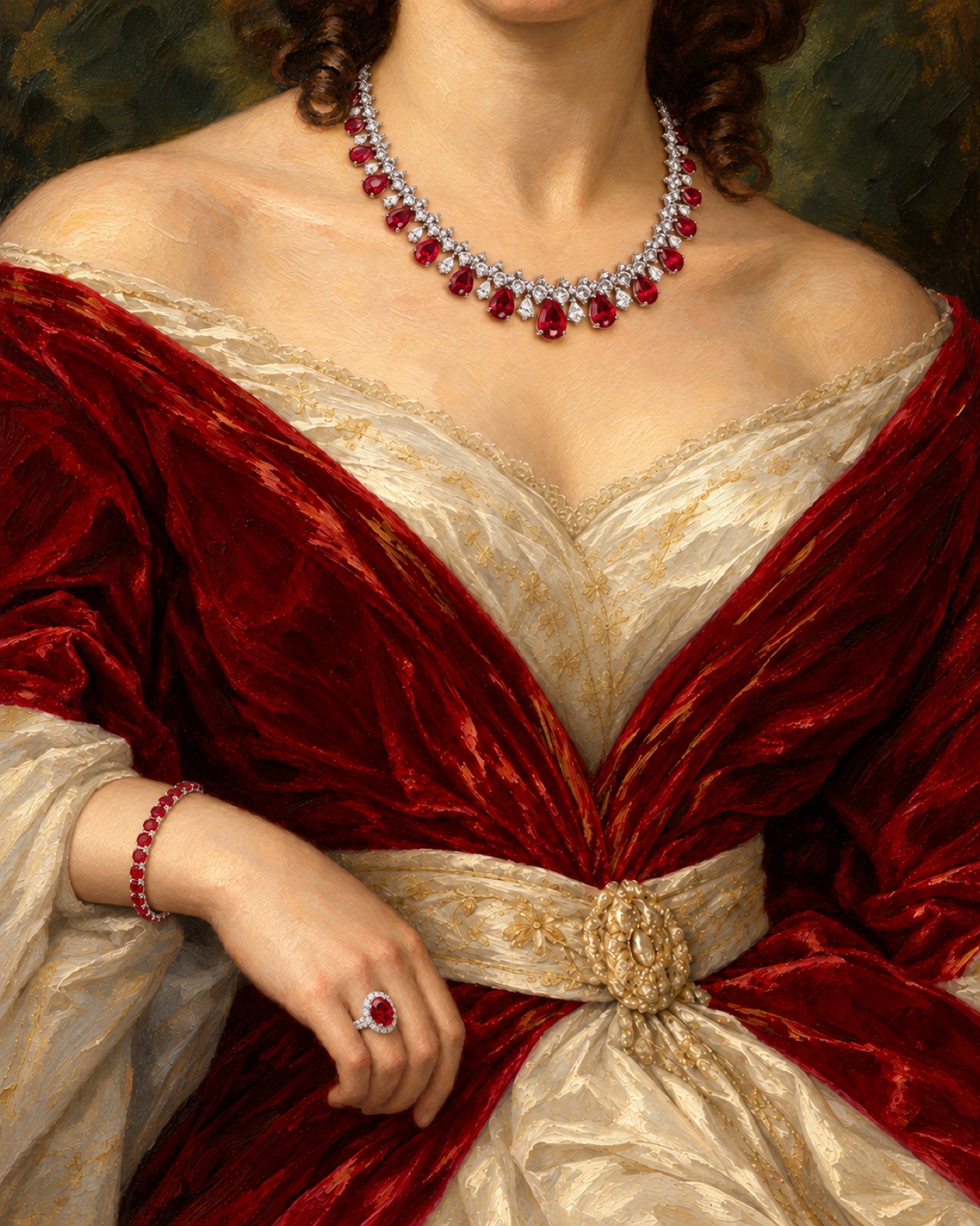 Classical portrait with a ruby necklace, bracelet and ring.