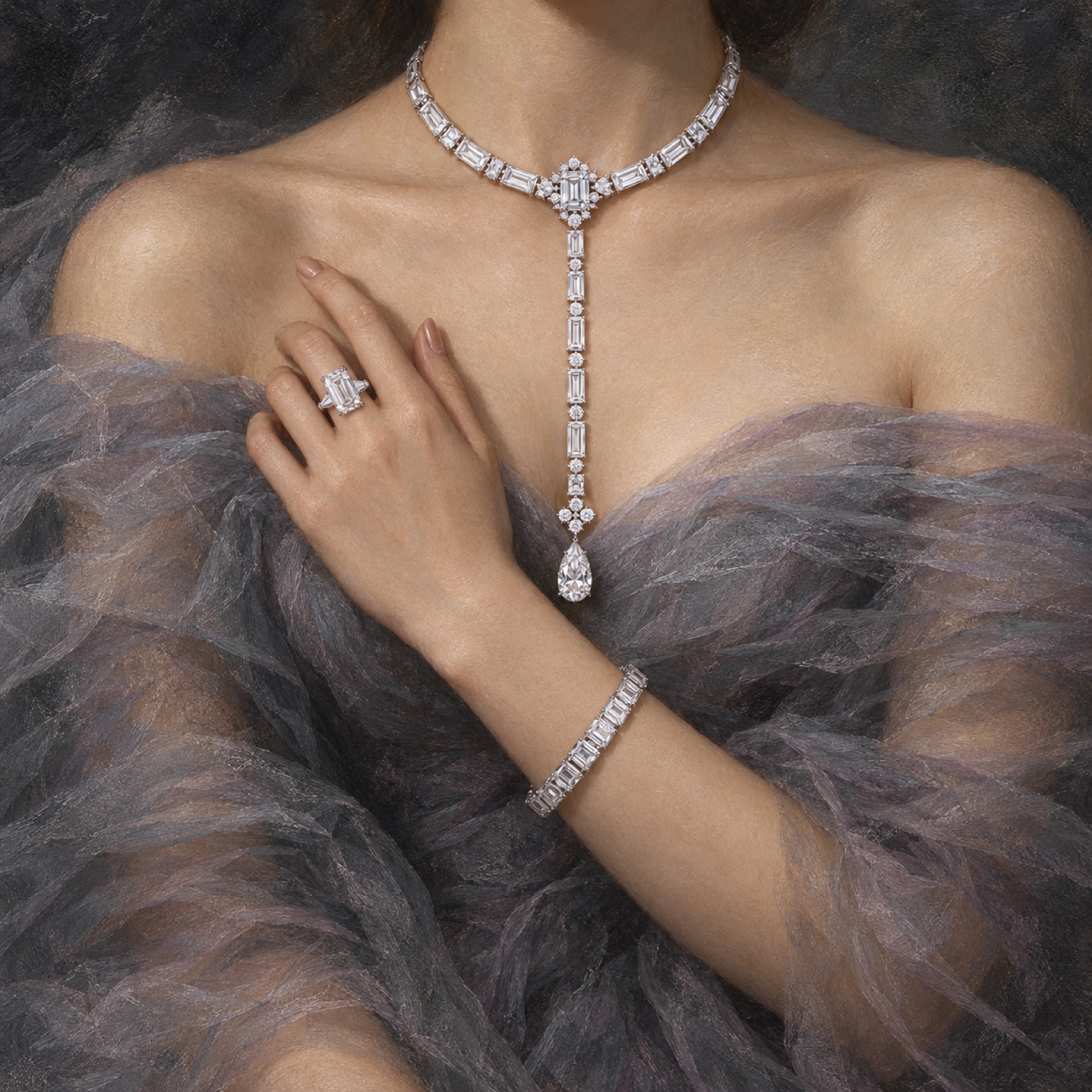 Grey tulle portrait with a geometric diamond necklace, ring and bracelet.