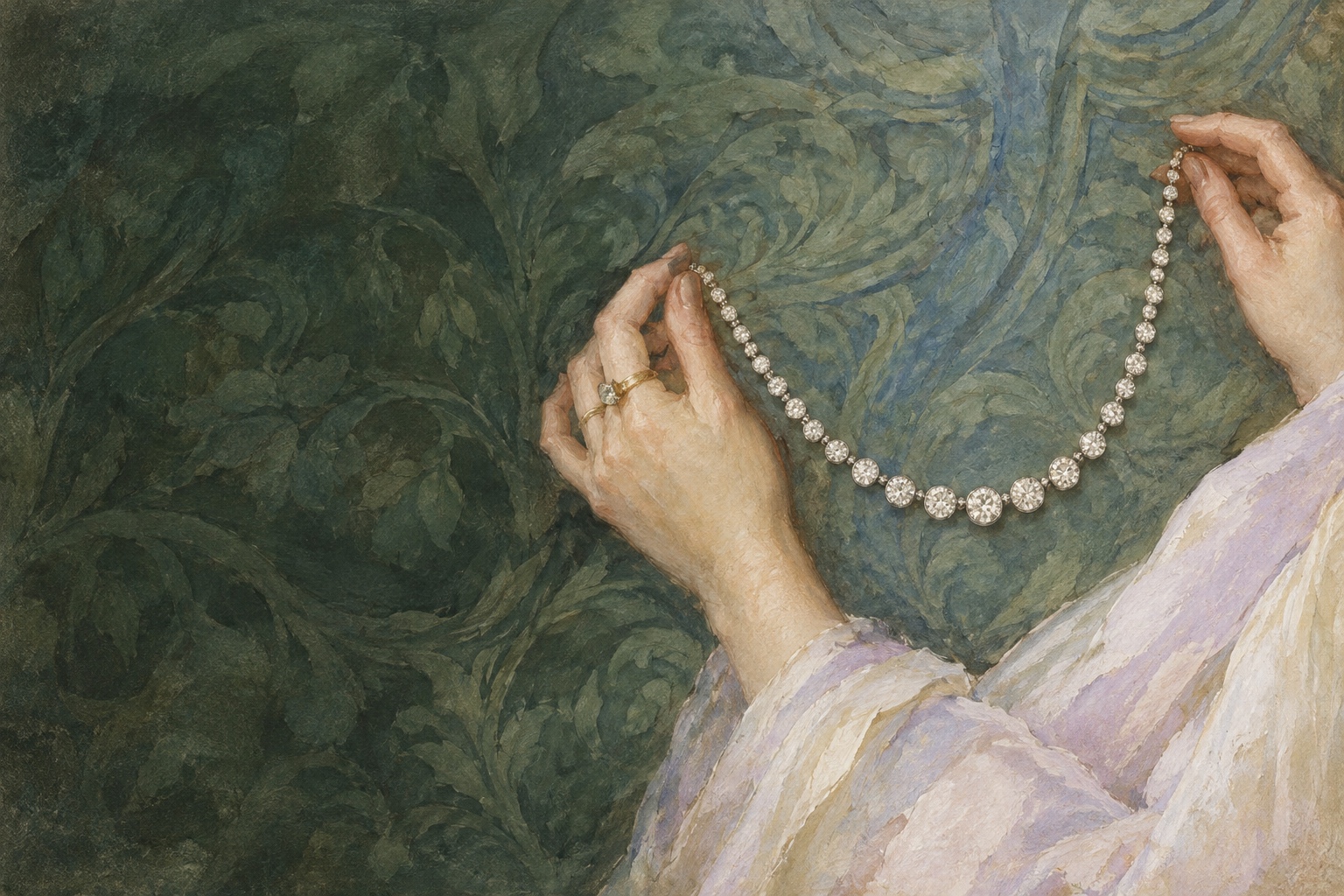 Oil painting of hands holding a graduated diamond necklace, inspired by the LANCRET selection.