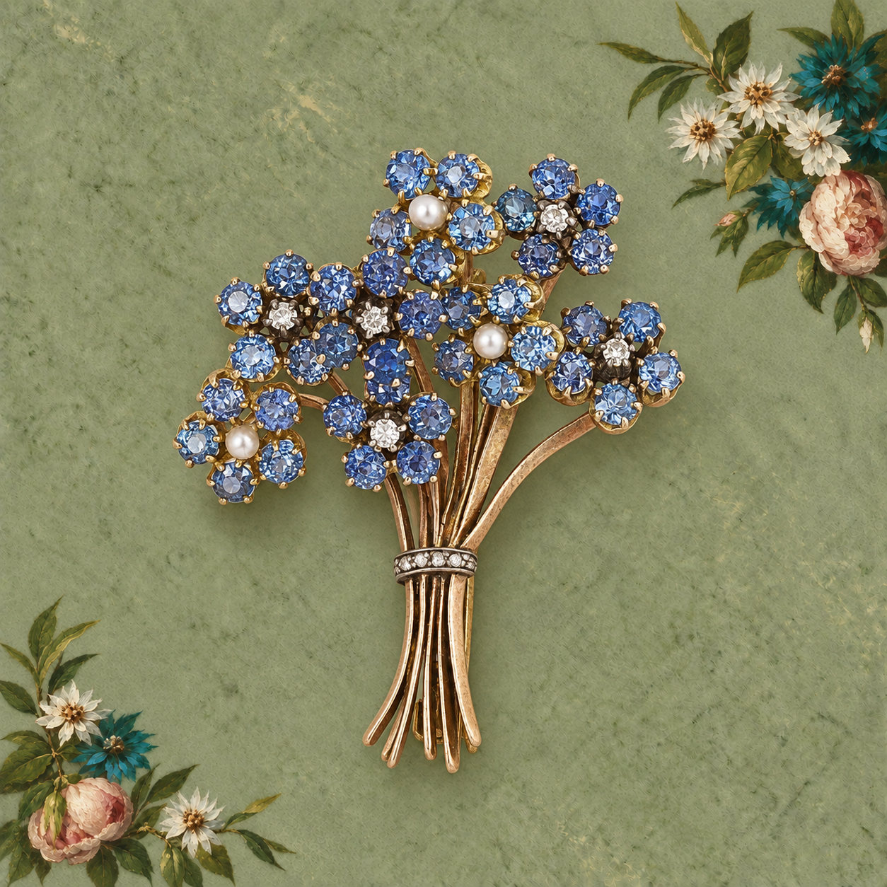 Sapphire and Pearl Bouquet Brooch