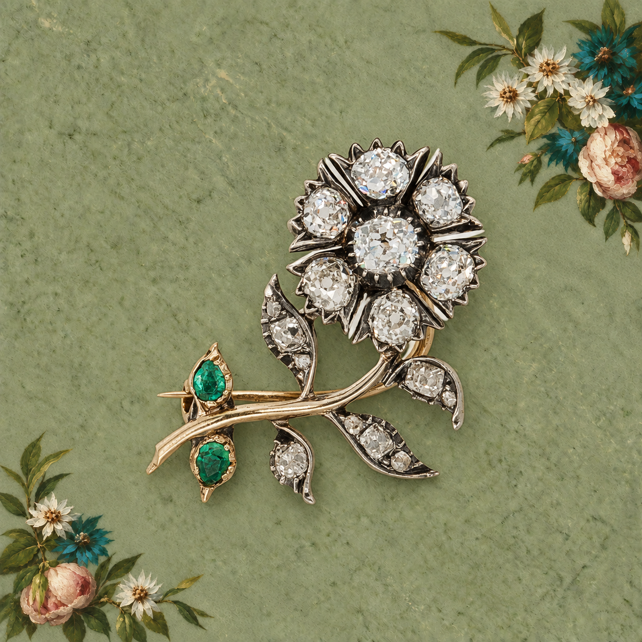 Emerald Leaf Diamond Flower Brooch