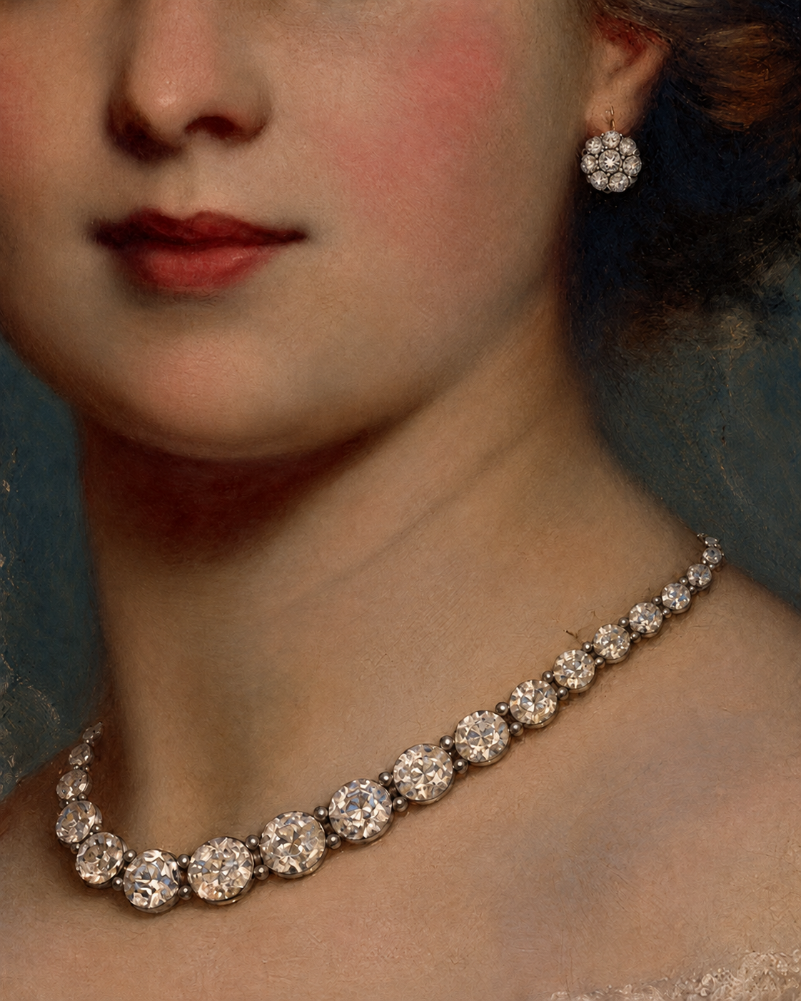 Painted portrait wearing a diamond necklace and floral diamond earring